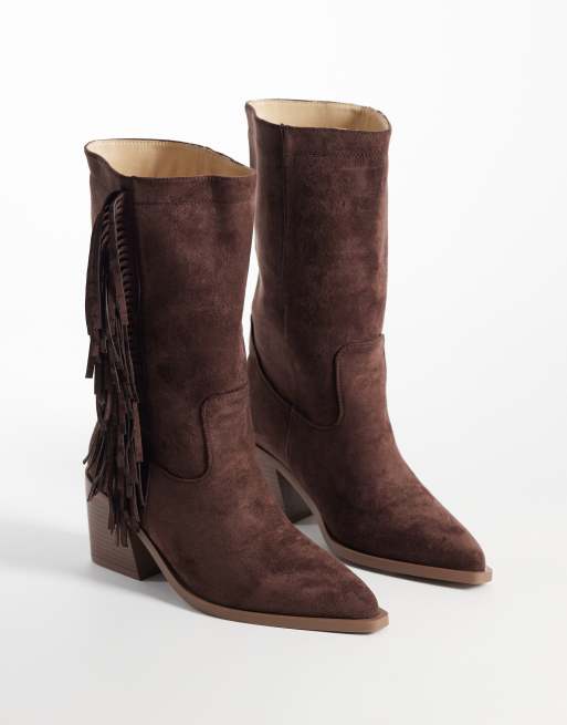 Simmi London Wide Fit - Santo - Botines marrones de estilo wéstern con flecos de antelina, 3 de 4