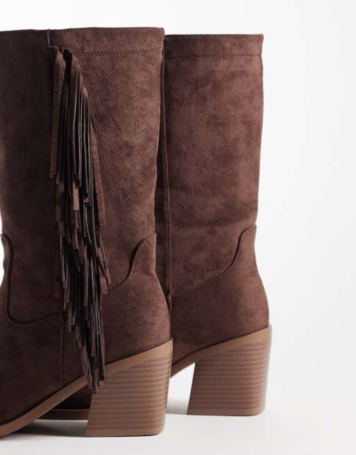 Simmi London Wide Fit - Santo - Botines marrones de estilo wéstern con flecos de antelina, 4 de 4