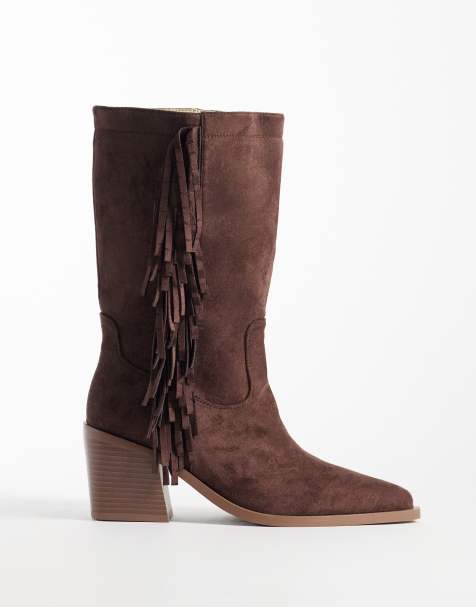 SIMMI London Wide Fit - Santo - Bottines mi-hautes style western à franges en imitation daim - Marron - view 1