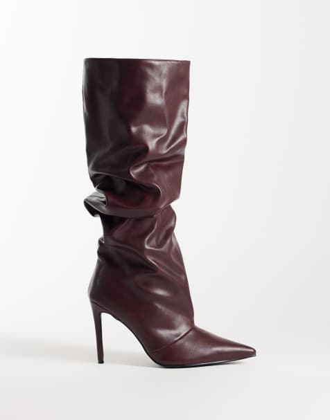 Simmi London Wide fit Saxon ruched knee boots in burgundy PU - view 1