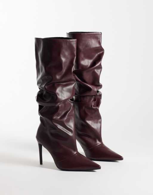Simmi London Wide fit Saxon ruched knee boots in burgundy PU, 2 of 4