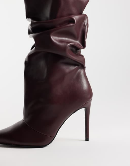 Simmi London Wide fit Saxon ruched knee boots in burgundy PU, 3 of 4