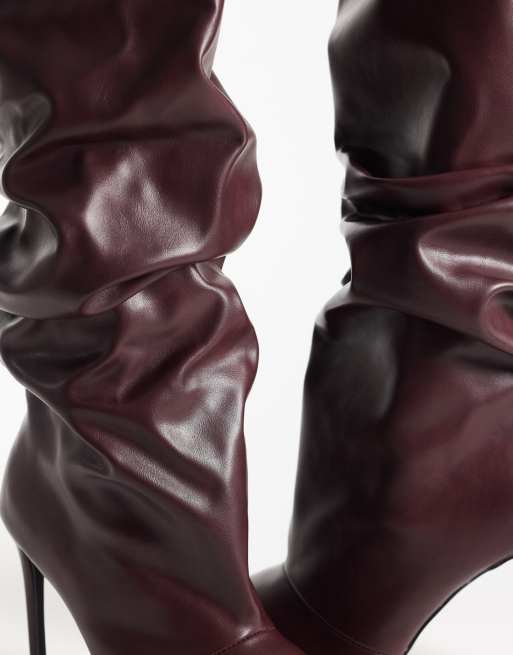 Simmi London Wide fit Saxon ruched knee boots in burgundy PU, 4 of 4