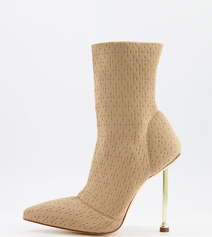 Simmi London Wide Fit Shae sock boots with gold heel in beige-Neutral