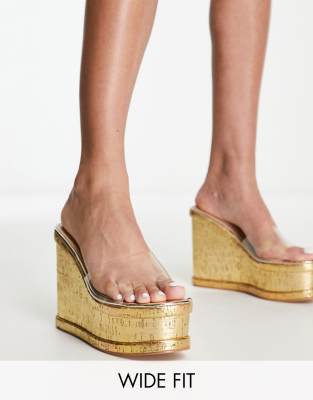 Simmi Wide Fit Simmi London Wide Fit Shanda Cork Wedges In Clear-gold