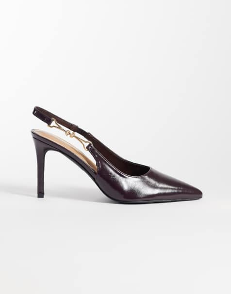 Simmi London Wide Fit Shivi pointed slingback heeled shoes with gold embellishment in burgundy PU - view 1