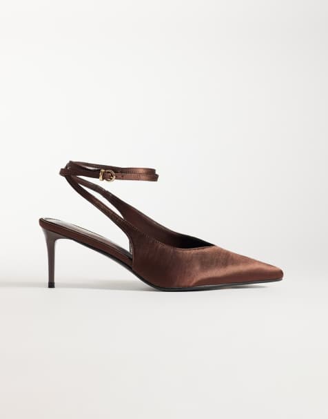 Simmi London Wide Fit  Sonika tie leg heeled court shoes in chocolate satin - view 1