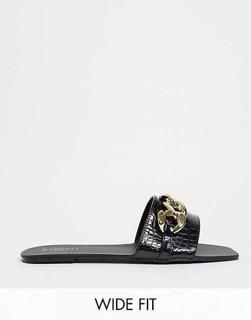 Simmi London Wide Fit Tashina chain trim mule sandals in black croc