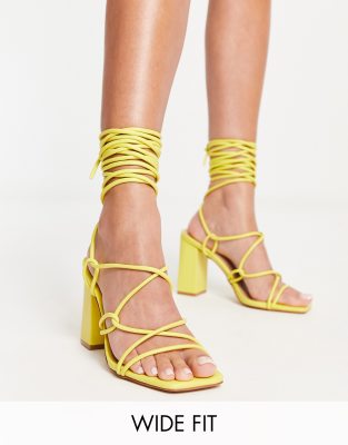 Simmi Wide Fit Simmi London Wide Fit Tie Ankle Block Heeled Sandals In Yellow