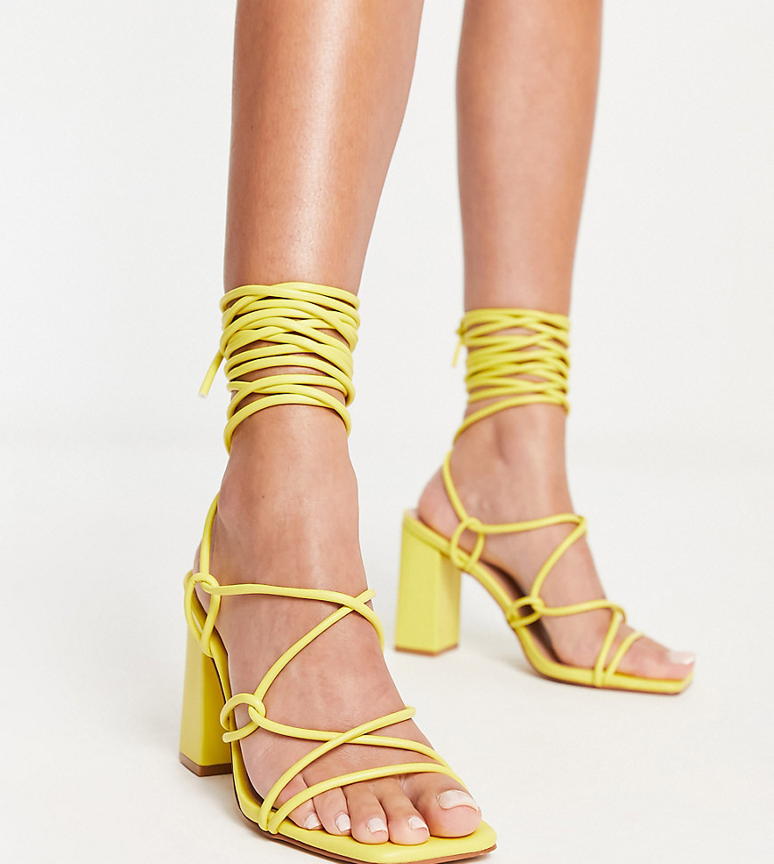 Simmi London Wide Fit tie ankle block heeled sandals in yellow