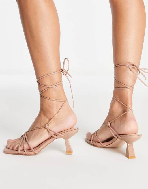 Simmi London Wide Fit tie ankle mid heeled sandals in camel, 4 of 4