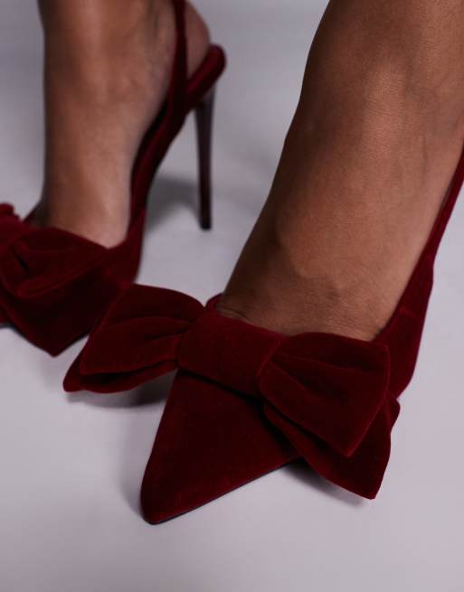 Simmi London Wide Fit Toppaz slingback heeled shoes with bow in red velvet