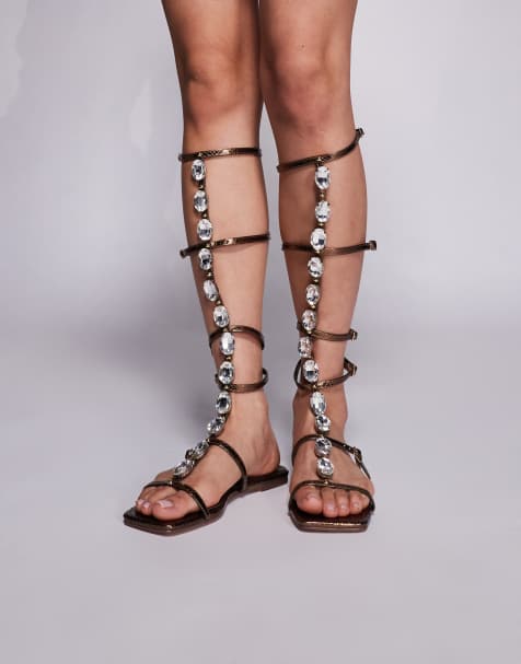 Simmi London Wide Fit Zenya gladiator sandals with stone detail in bronze metallic - view 1