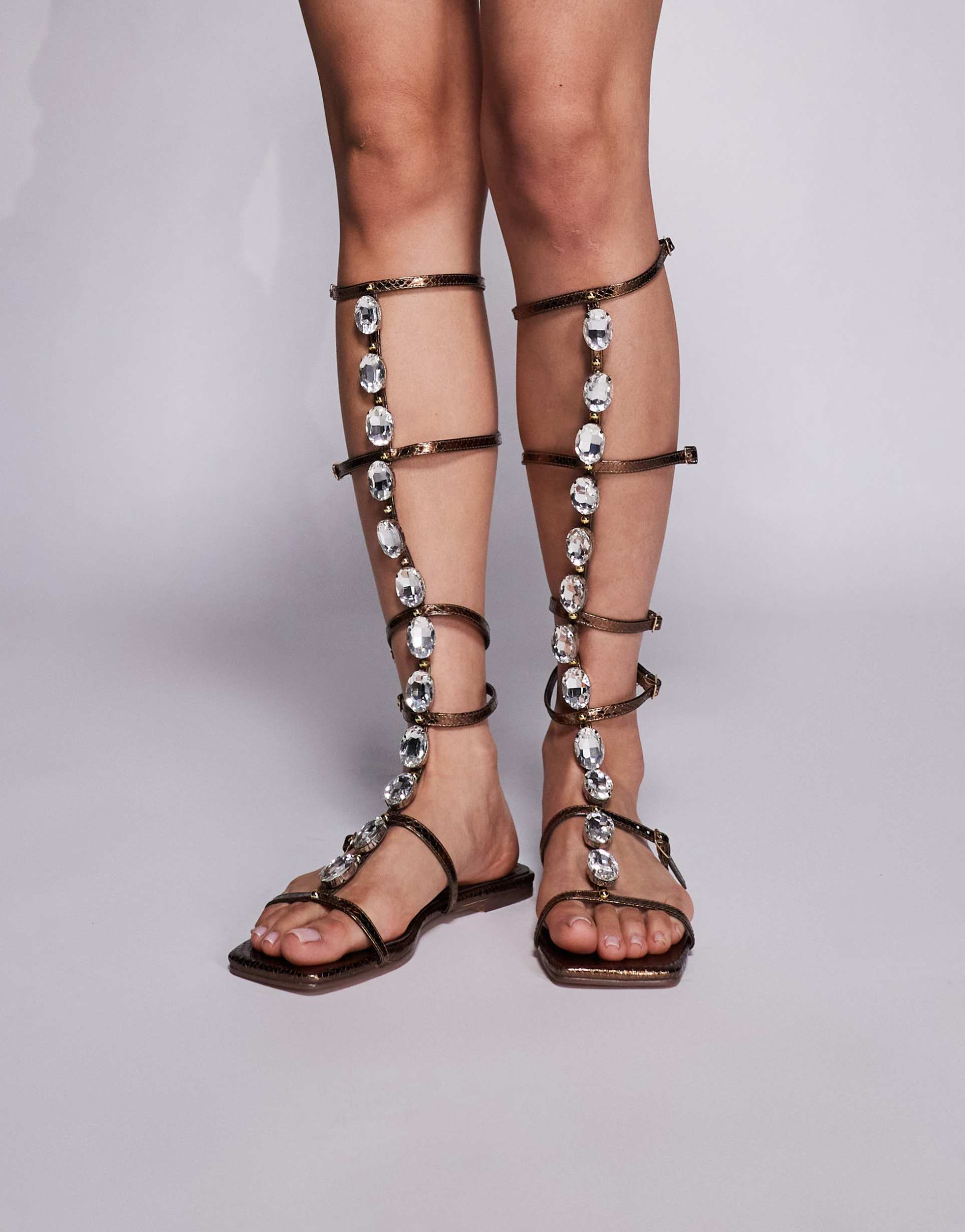 simmi london wide fit zenya gladiator sandals with stone detail in bronze metallic