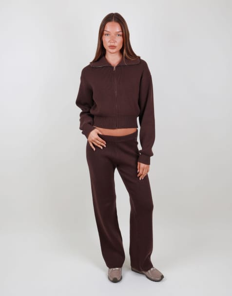 Simmi London Wide leg knitted trouser in brown - view 1