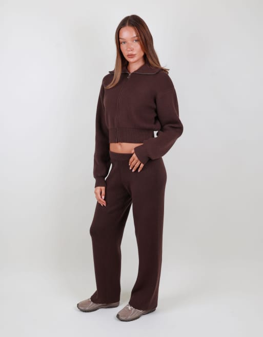 Simmi London Wide leg knitted trouser in brown, 3 of 4