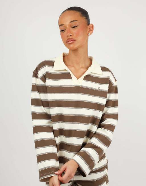 Simmi London X mia khan madrid stripe rugby top in brown, 3 of 4