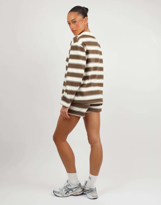 Simmi London X mia khan madrid stripe rugby top in brown, 4 of 4