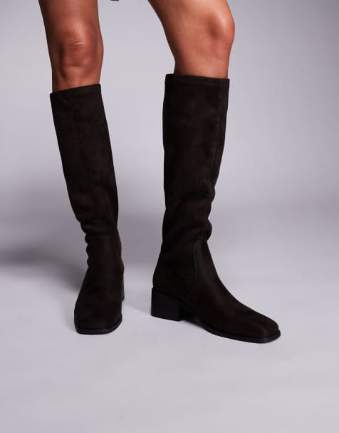 Simmi London Xander smart knee boots in brown faux suede - view 1