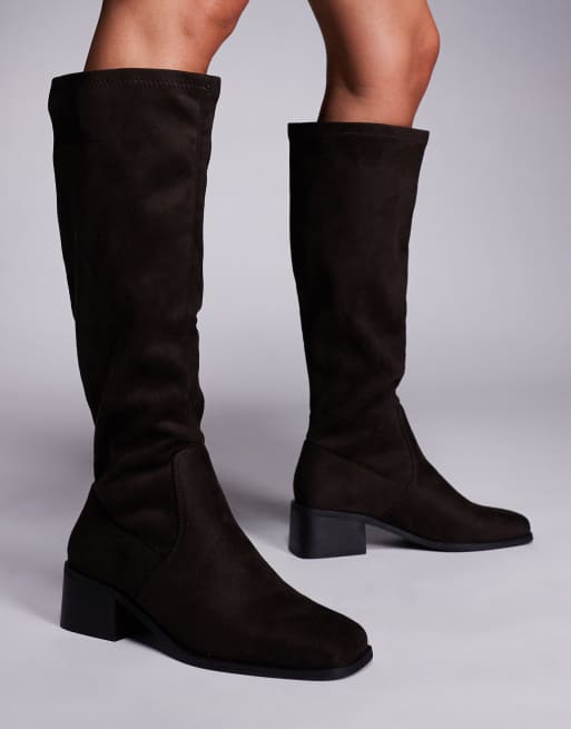 Simmi London Xander smart knee boots in brown faux suede