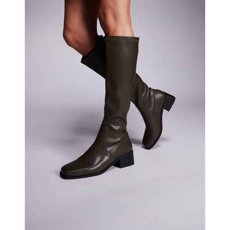 Simmi London Xander smart knee boots in olive PU | ASOS
