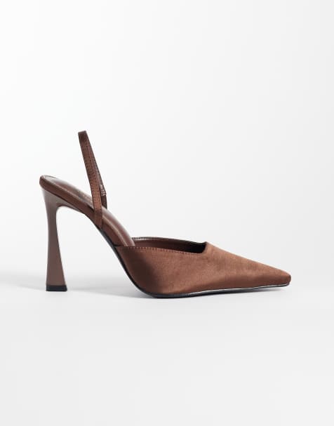 Simmi London Ximena slingback heeled shoes in brown satin - view 1