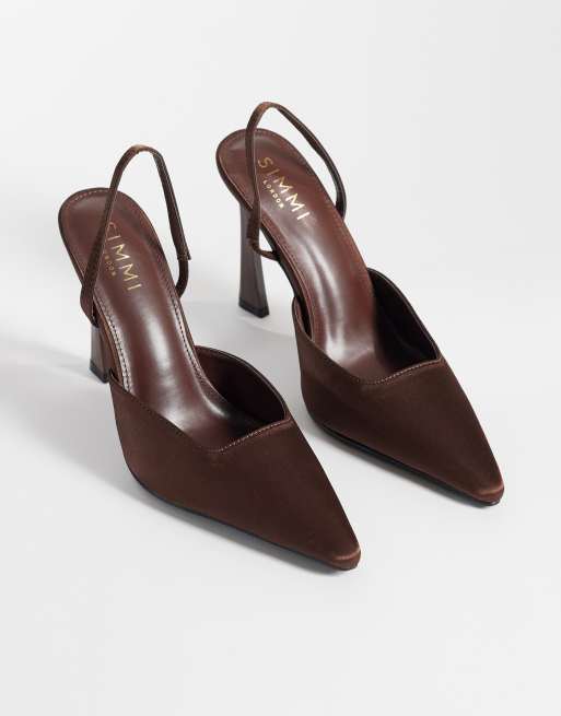 Simmi London Ximena slingback heeled shoes in brown satin, 2 of 4