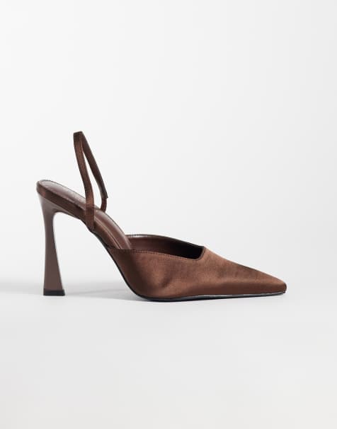Simmi London Ximena Wide Fit slingback heeled shoes in brown satin - view 1