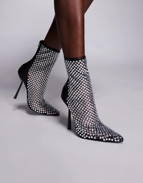 SIMMI London – Yaa – Czarne buty do kostki na wysokim obcasie ze strasami - view 1