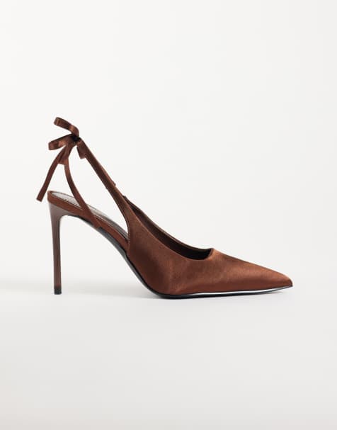 Simmi London zapatos slingback de tacón con detalle de lazo en satén marrón - view 1