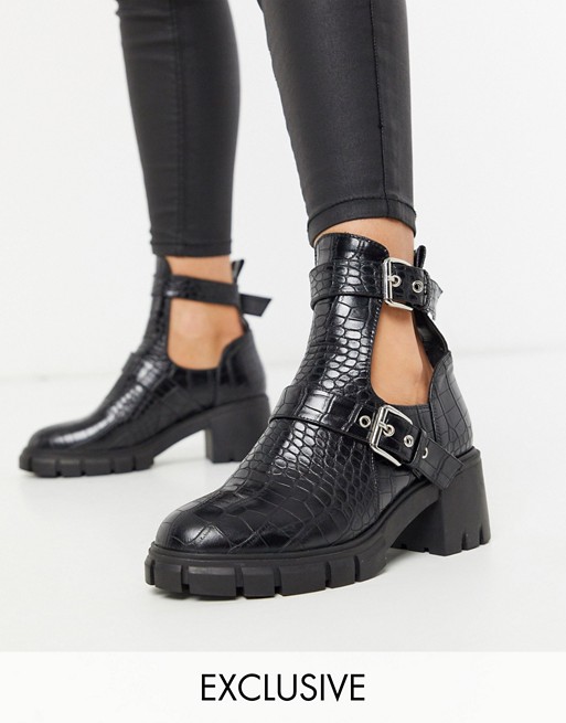 Simmi London Zelda cut out chunky boots in black croc