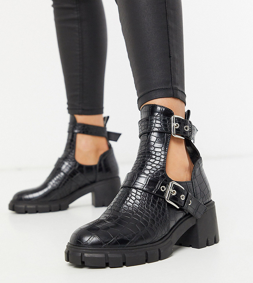 Simmi London - Zelda - Laarzen met uitsnijdingen, dikke zool en krokodilleneffect in zwart