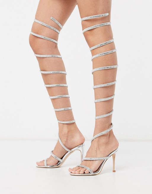 Simmi London Zora over the knee embellished sandals in silver