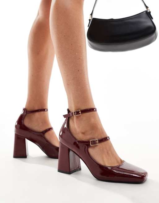 Simmi LondonVinda mid block heel shoes with straps in dark red ASOS