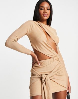 Simmi long sleeve cut out mini dress with knot train detail in tan - ASOS Price Checker