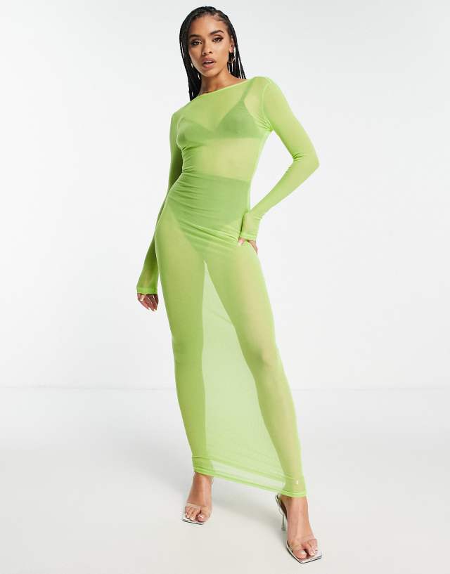 Simmi long sleeve sheer maxi scoop back dress in lime