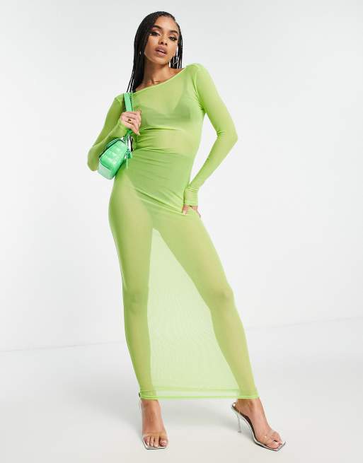 Lime Green Mesh Strappy Bodysuit Long Sleeve Jumpsuit Two Piece