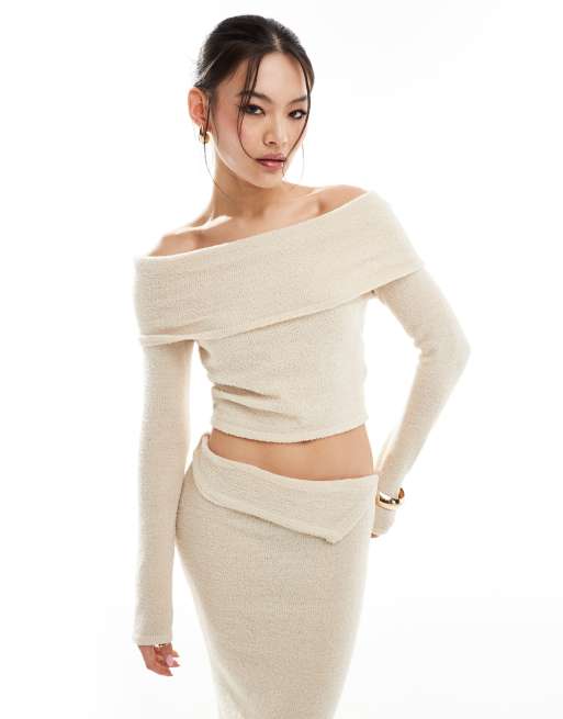 Simmi - Maglione in maglia soffice beige con scollo Bardot in coordinato