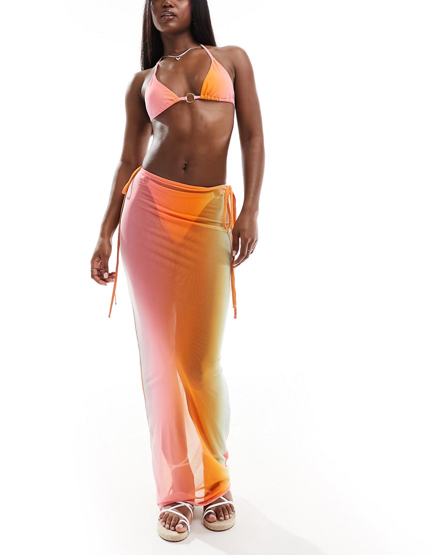 Simmi mesh column beach skirt co-ord in pink and orange ombre-Multi