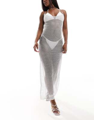 Simmi Clothing Simmi Metallic Crochet Scoop Back Maxi Beach Dress In Silver