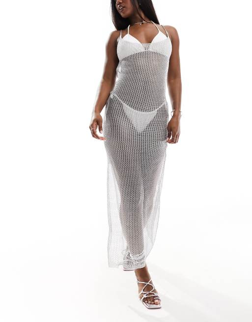 Simmi metallic crochet scoop back maxi beach dress in silver