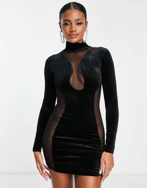 SIMMI – Mini-Bodycon-Kleid in Schwarz mit Bahnen aus Samt und Netzstoff, 3 von 4