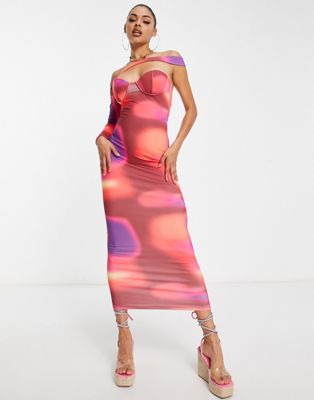 Simmi one asymmetric sleeve maxi dress in pink abstract print  | ASOS
