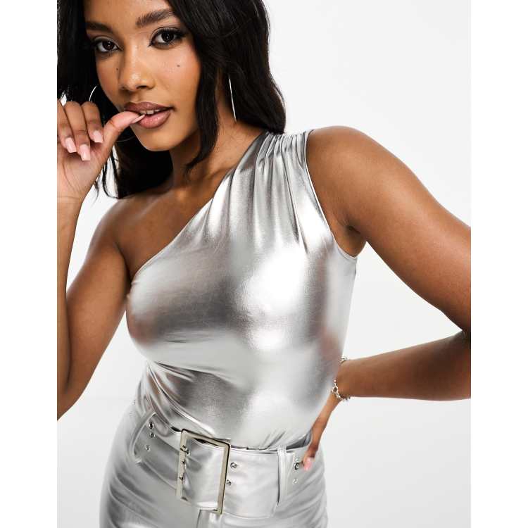 One shoulder store silver top