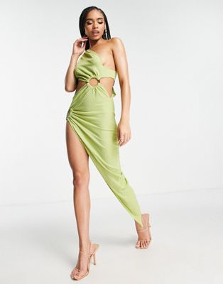 Simmi Clothing Simmi One Shoulder Ring Detail Asymmetric Thigh Slit Maxi Dress In Lime-green