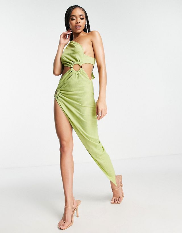 Simmi one shoulder ring detail asymmetric thigh slit maxi dress in lime
