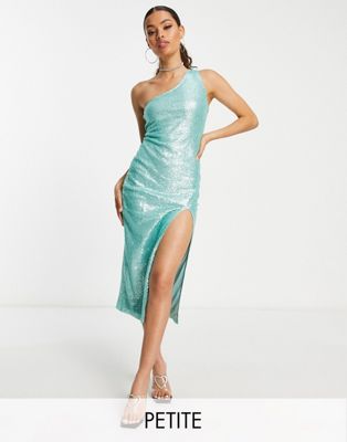 SIMMI Petite - Robe mi-longue asymétrique ornée de sequins avec fente sur la cuisse - Turquoise | ASOS