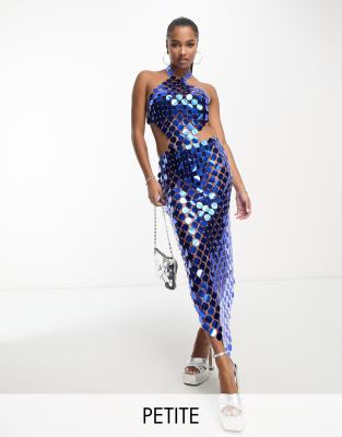 Simmi Petite sequin disc chainmail maxi dress with open back in blue - ASOS Price Checker