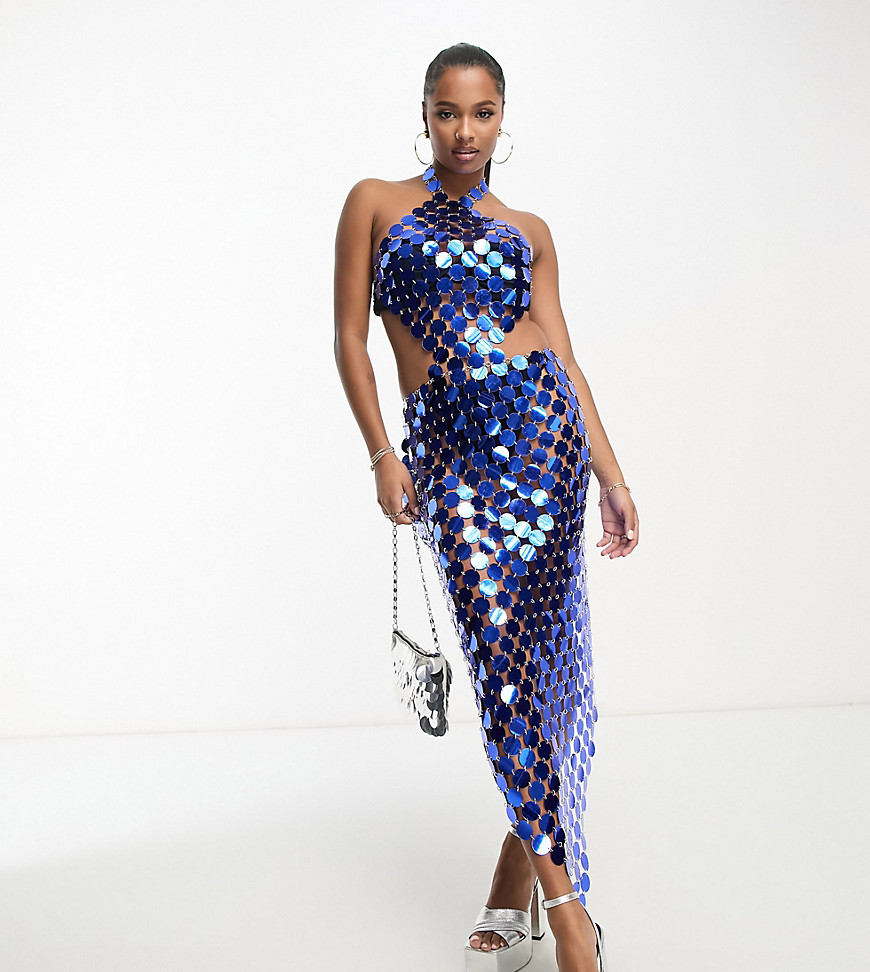 Simmi Clothing Simmi Petite Sequin Disc Chainmail Maxi Dress With Open Back In Blue