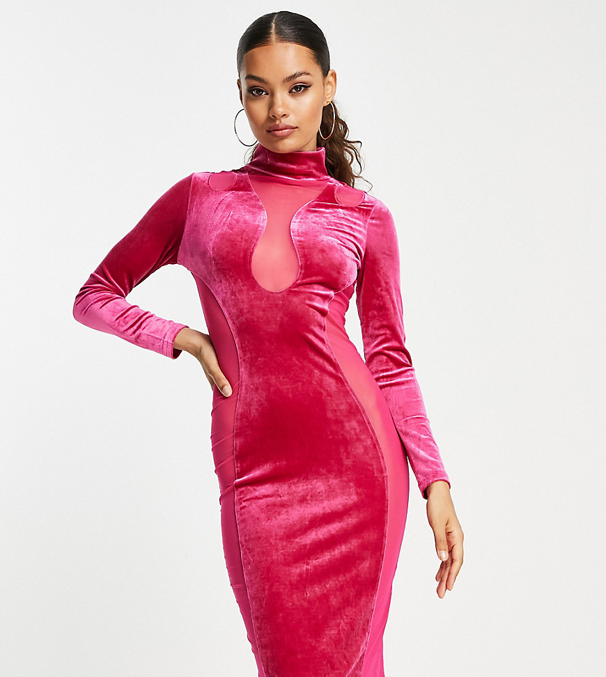 Simmi Clothing Simmi Petite Velvet And Mesh Paneled Midi Body-conscious Dress In Pink